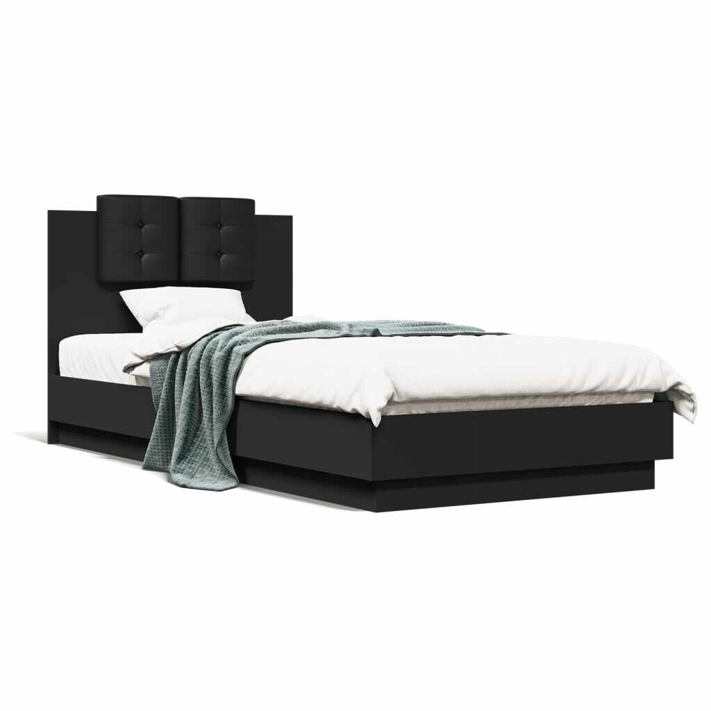 vidaXL Cadru de pat cu tăblie și lumini LED, negru, 100x200 cm