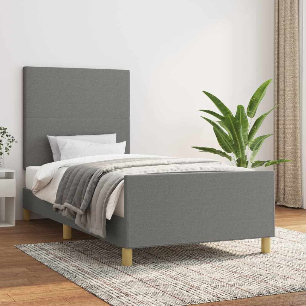 vidaXL Cadru de pat cu tăblie, gri închis, 90x200 cm, textil